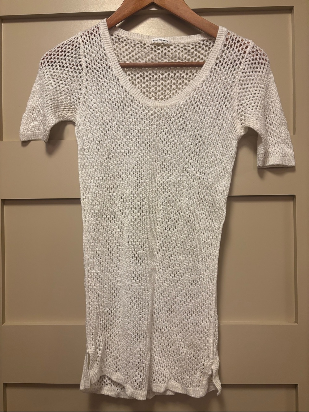 CLUB MONACO Mesh Net Short Sleeve Linen Viscose White Knit Top Athletic Sporty